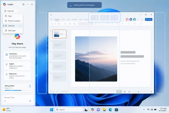 Windows desktop showing a Copilot testing rollout overlay and a document layout editor with image preview.