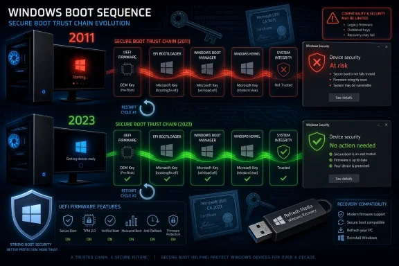 Infographic comparing Windows secure boot trust chain from 2011 to 2023, showing trusted vs at-risk states.