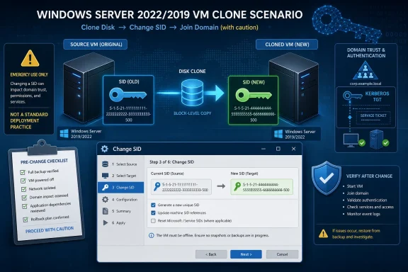 Diagram showing a Windows Server 2022/2019 VM disk clone scenario, changing SID and joining a domain with cautions.