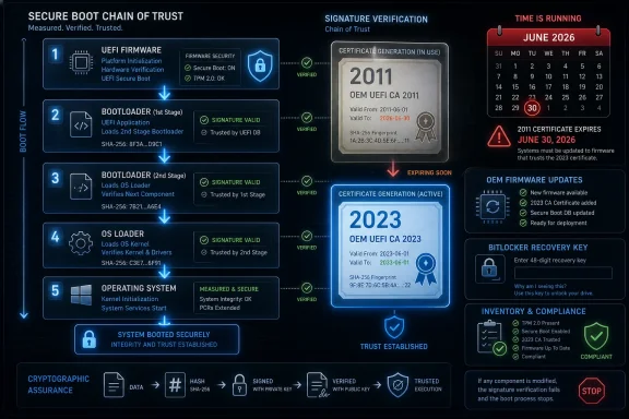 Secure boot trust chain infographic with signature verification and expiring certificate timeline for June 2026.