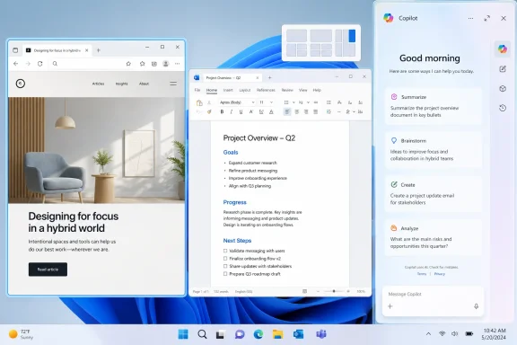 Screenshot of Microsoft Copilot helping draft and summarize a “Project Overview – Q2” document in Word.