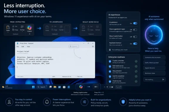 Windows 11 Copilot ad showing controlled, less-interruptive AI assistance with settings and chatbot options.