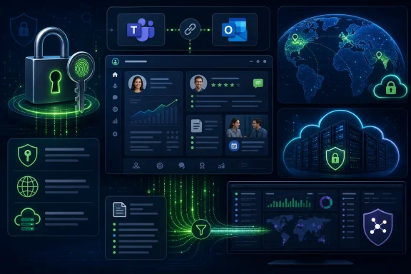 Futuristic cybersecurity dashboard with locked devices and protected global map on a neon blue interface.