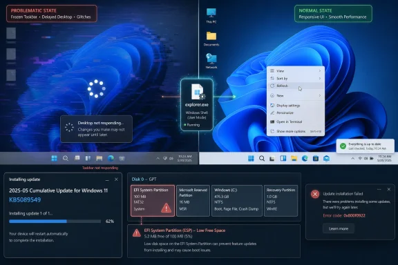 Split Windows 11 screens showing a frozen taskbar, “explorer.exe” running, and a failed update with error 0x800f0922.