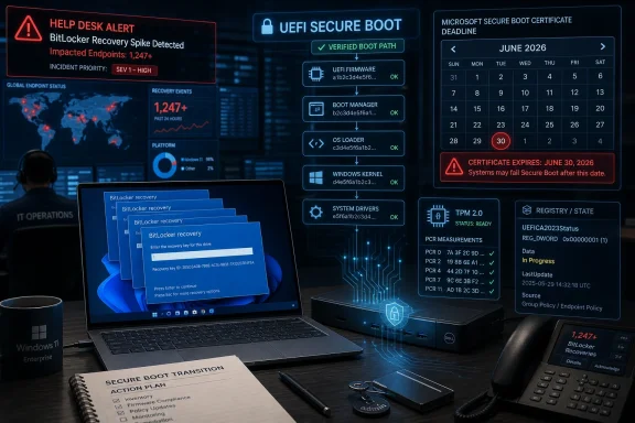 IT helpdesk dashboard showing BitLocker recovery alerts and Secure Boot/UEFI status over a laptop login prompt.