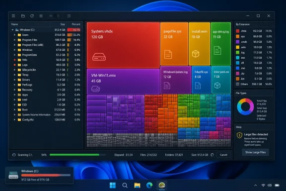 Windows storage analyzer shows large system files totaling 912GB free with colorful block map.