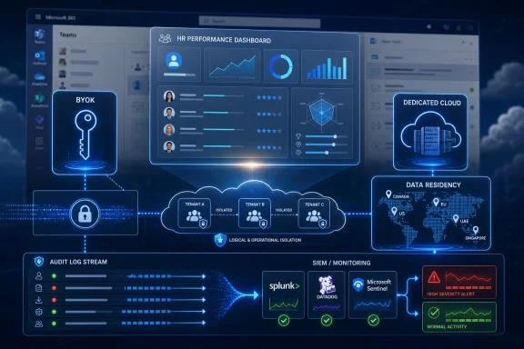 Blue tech dashboard visualizes HR performance analytics, cloud security, and data residency with monitoring alerts.