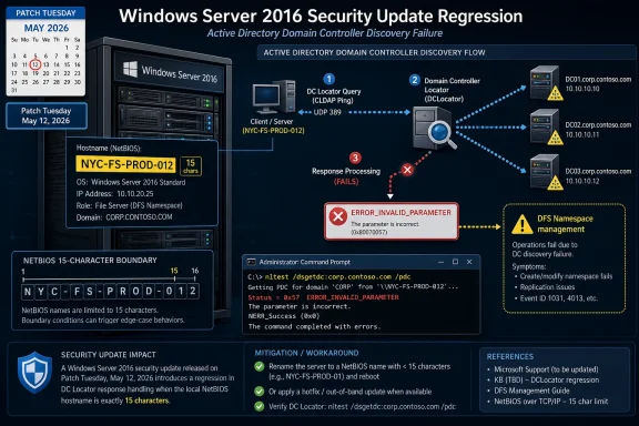 Infographic shows Windows Server 2016 Patch Tuesday regression causing AD DC locator failures (error: invalid parameter).