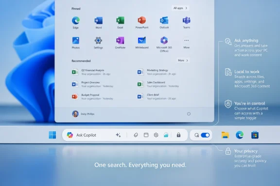Microsoft Windows Start menu shows pinned apps with “Ask Copilot” and “One search. Everything you need.” text.