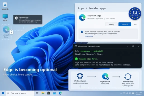 Windows 11 screen showing Microsoft Edge “Uninstall” option and command prompt disabling Edge.