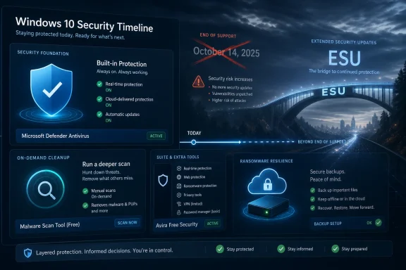 Windows 10 Security timeline infographic showing Defender protection, EoS support end, and ESU updates.