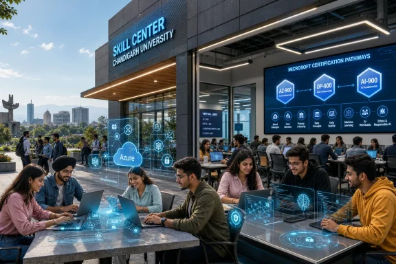Students work on laptops in front of Skill Center Chandigarh University, surrounded by tech-themed AI and cloud graphics.