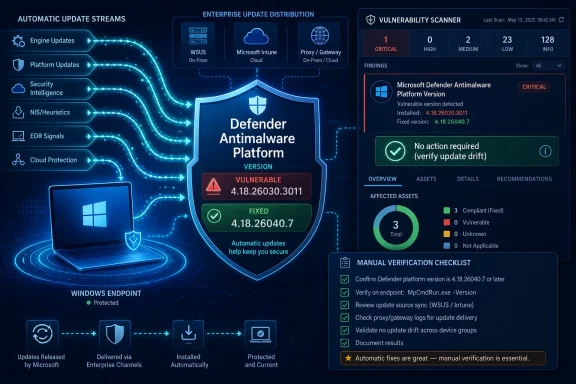 Cybersecurity dashboard shows Defender Antimalware platform version fixed from vulnerable 4.18.26030 to 4.18.26040.7.