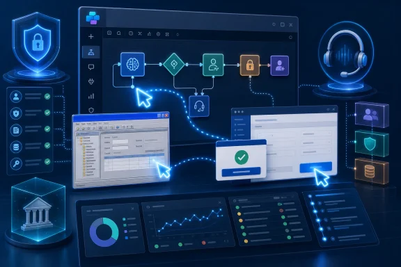 Neon cybersecurity dashboard showing interconnected workflow, secure access, and data analytics screens.