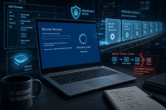 Laptop displays BitLocker Recovery with secure boot active, boot trust chain failing, and system security alerts.