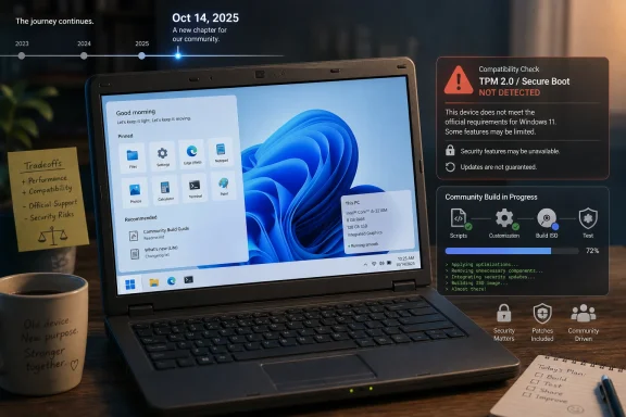 Laptop screen shows Windows 11 compatibility check failing TPM 2.0/Secure Boot, alongside community build progress.