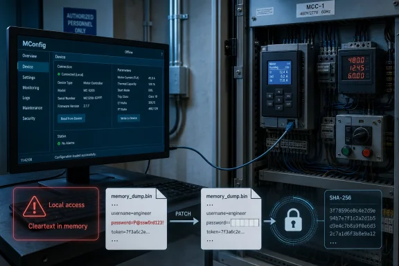 Industrial control panel with MConfig screen and security warnings about plaintext memory, dumps, and SHA-256 hash.
