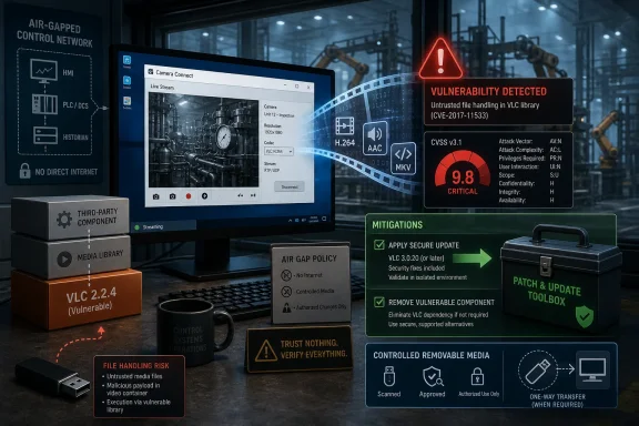 Cybersecurity warning graphic shows a vulnerable VLC media system with critical patch-and-mitigations instructions.