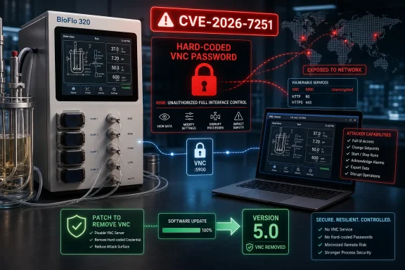 Industrial control system shows a warning about hard-coded VNC credentials exposed to network, with patching to secure it.