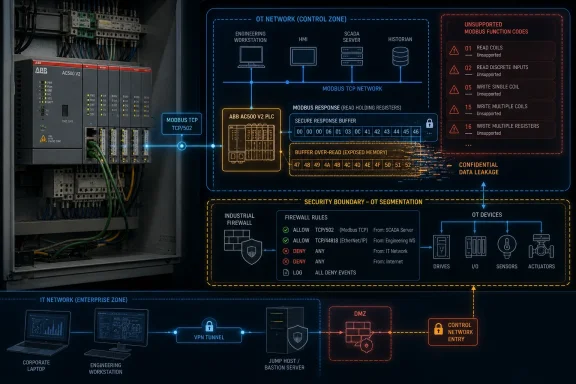 Industrial control system image showing Modbus TCP links, PLC data, and OT security boundary warnings.