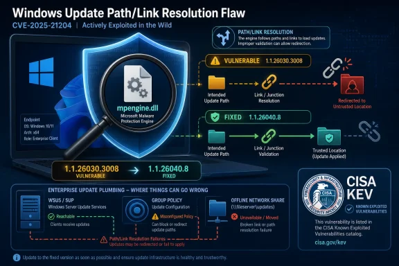 Graphic explaining a Windows Update path/link resolution vulnerability and its fix (CVE-2025-21204).