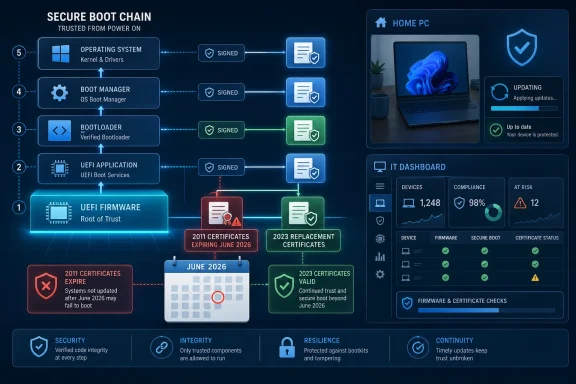 Infographic showing a secure boot chain with signed components, expiring certificates, and device security dashboard.