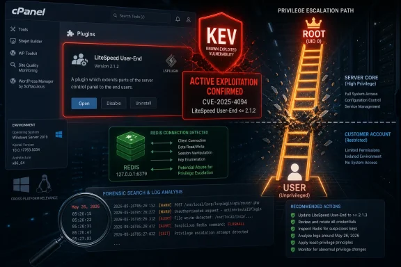 Cybersecurity dashboard shows LiteSpeed exploit warning and confirmed CVE with privilege escalation path to root.