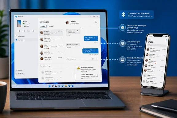 Laptop and iPhone display Bluetooth message syncing with iPhone’s chat screen on the desk.