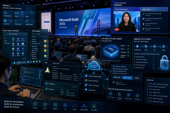 Tech conference stage with Microsoft Build 2026 presentation and holographic Windows/Azure UI panels.