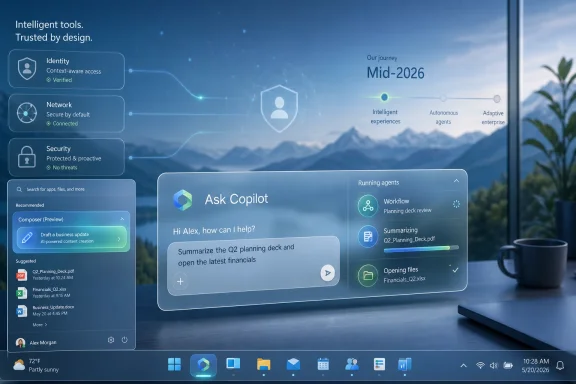 Futuristic desktop UI shows “Ask Copilot” with secure intelligent tools over a mountain backdrop.