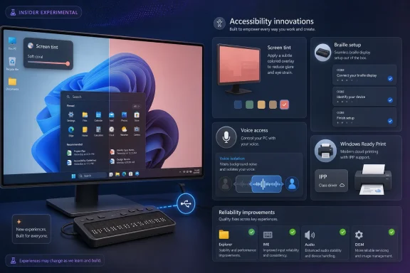 A computer display and accessibility UI panels showcase screen tint, braille setup, voice access, and reliability features.