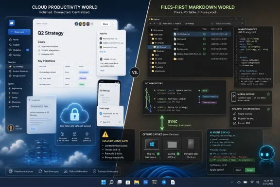 Split-screen productivity UI showing cloud notes sync, Markdown files, and AI agent analysis with Git sync.