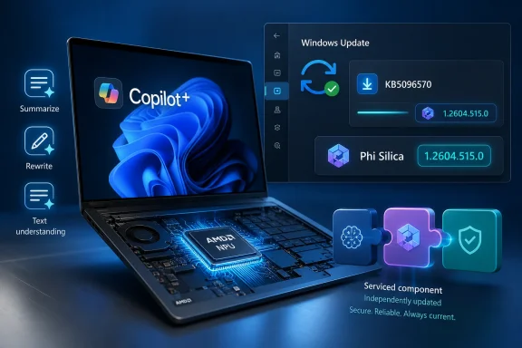 Futuristic laptop display shows Windows update KB5096570 with Copilot+ and AI component icons.