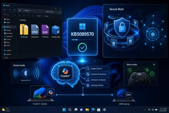 Windows desktop UI with Copilot+ AI, Secure Boot and Xbox mode panels on a blue tech-themed background.