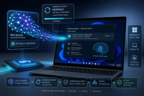 A Windows laptop shows an installing local AI model update with secure on-device privacy visuals.