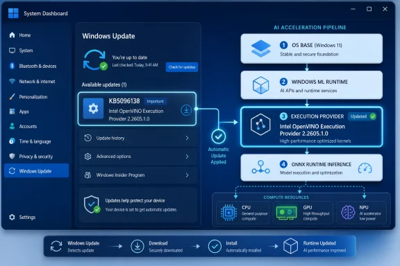 Windows System Dashboard shows Windows Update progress and an AI acceleration pipeline from OS to runtime.