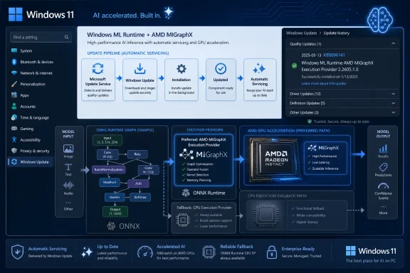 Windows 11 infographic showing automated servicing and AMD MiGraphX AI GPU acceleration.