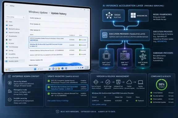 Windows Update history and AI inference pipeline graphic showing ONNX, Windows ML, and OpenVINO execution on CPU/GPU/NPU.