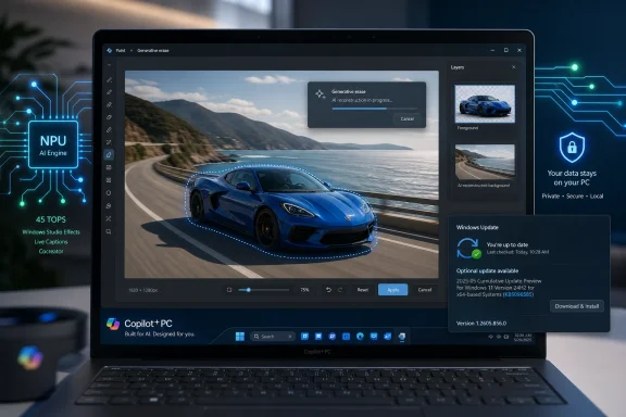 A laptop screen shows Windows Paint generative erase editing a blue sports car image with AI progress overlay.