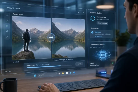 Person using Windows image transform and update panels on a desktop with a mountain-lake background editor.