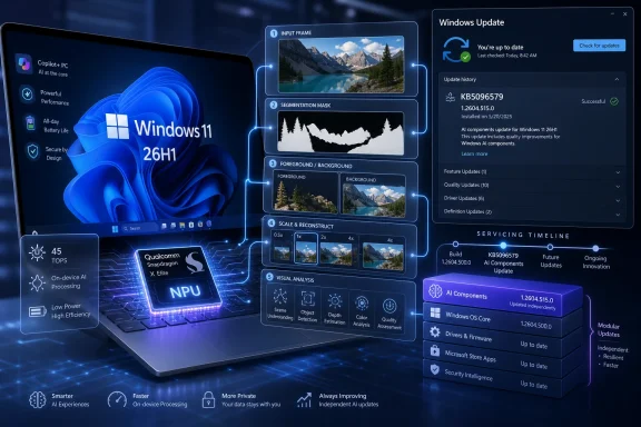 Futuristic Windows 11 update interface displays AI processing, segmentation steps, and update status on a laptop.