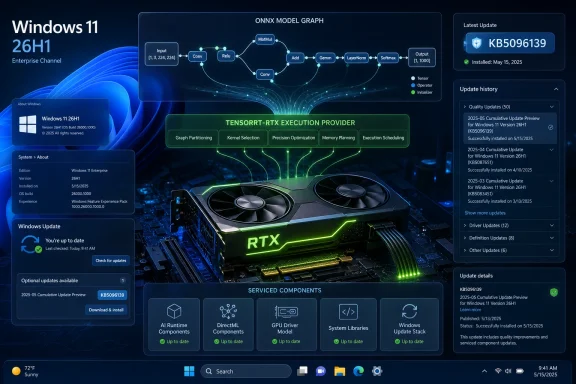 Windows 11 26H1 update screen shows an RTX GPU with ONNX model graph and installed KB5096139 details.