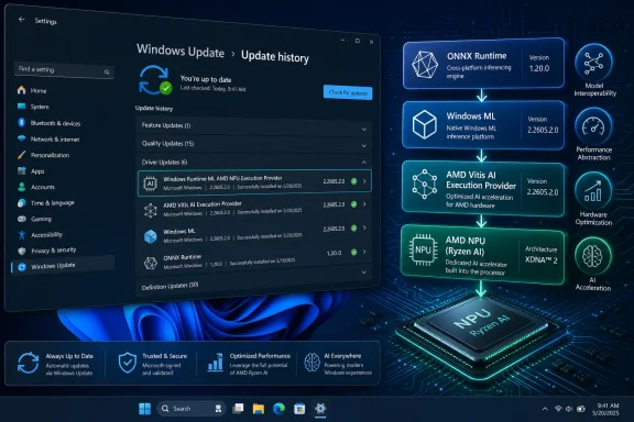 Windows Update settings show recent driver installations for ONNX Runtime and AMD NPU acceleration.