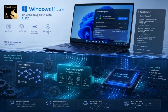 Windows 11 on Snapdragon X Elite AI PC shown above a futuristic blue chip and update interface.