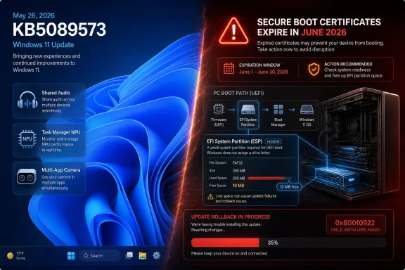 Windows 11 update KB5089573 warns of expiring secure boot certificates and shows an update rollback error.