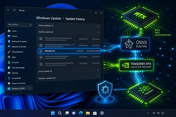 Windows Update settings screen with RTX, ONNX Runtime, and TensorRT-RTP GPU acceleration visuals on a tech background.