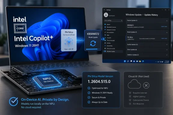 Intel Core laptop demo shows Windows Update and Phi Silica AI model on-device NPU.