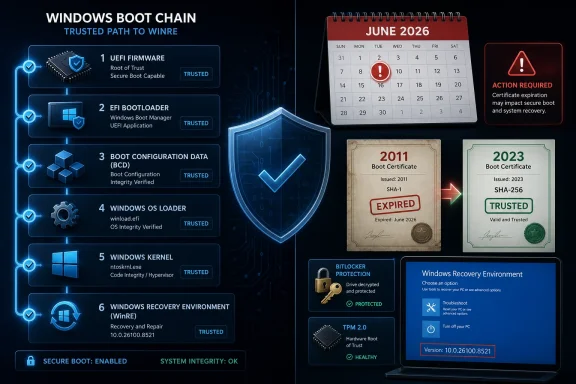 Secure Windows boot chain diagram shows June 2026 certificate expiry and Windows recovery environment status.
