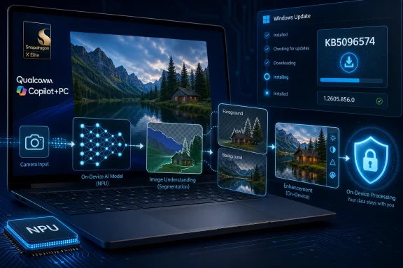 Laptop display shows Qualcomm Copilot+PC with on-device AI processing and a Windows Update progress screen.