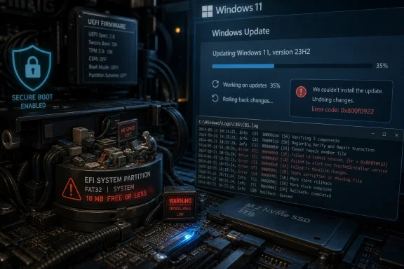 Windows 11 update fails at 35% with error 0x800f0922 shown beside a low EFI system partition space warning.